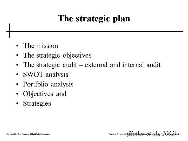 The strategic plan The mission The strategic objectives The strategic audit – external and